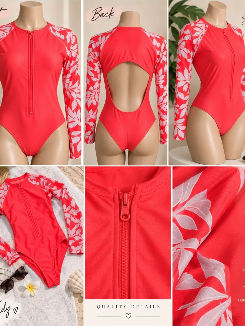 All in Motion Swimsuit Women’s Small Coral Floral Long Sleeve One Piece Stretch